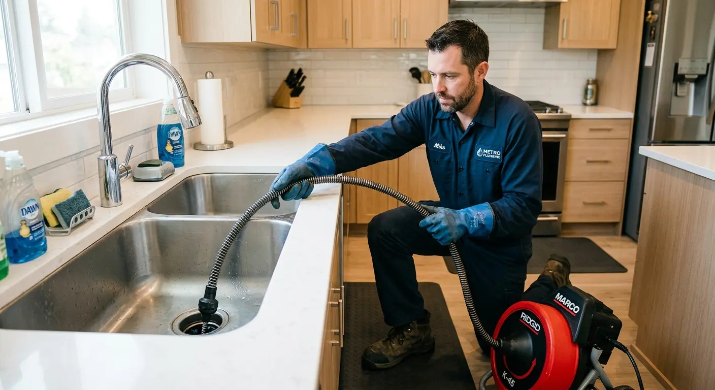 Drain cleaning technician using a motorized snake on a kitchen sink in North Bethesda
