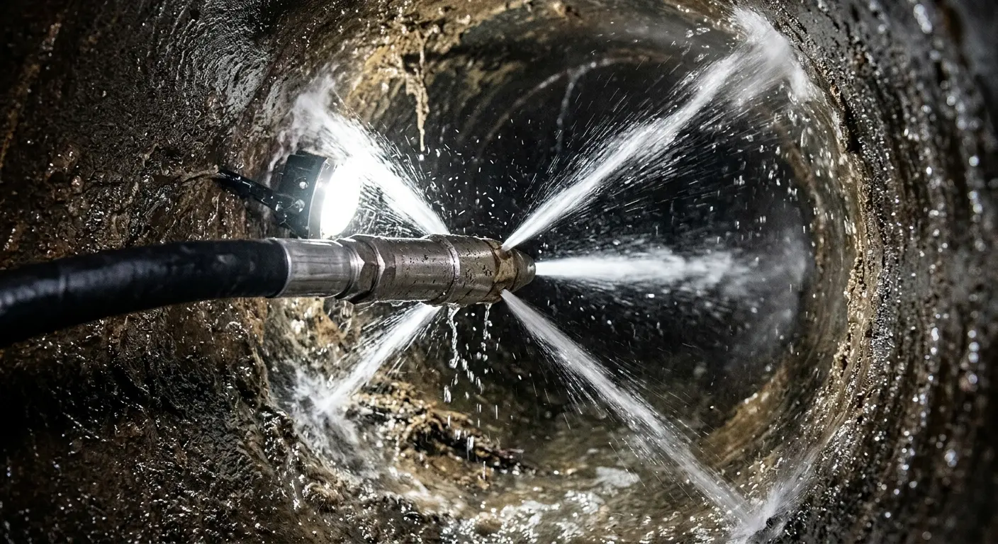 High-pressure hydro jetting nozzle cleaning sewer pipe for Trenchless Sewer Repair in North Bethesda