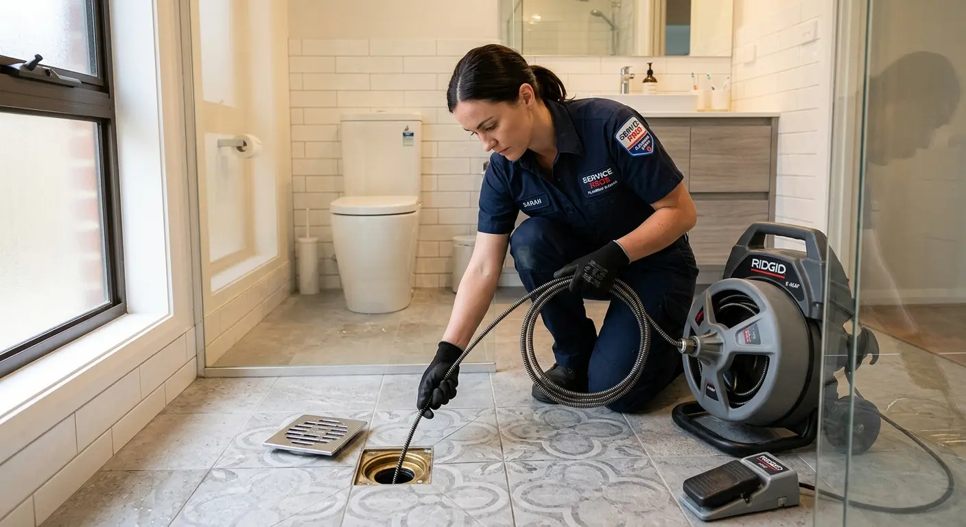 Technician clearing a bathroom floor drain for Sewer Line Replacement in North Bethesda